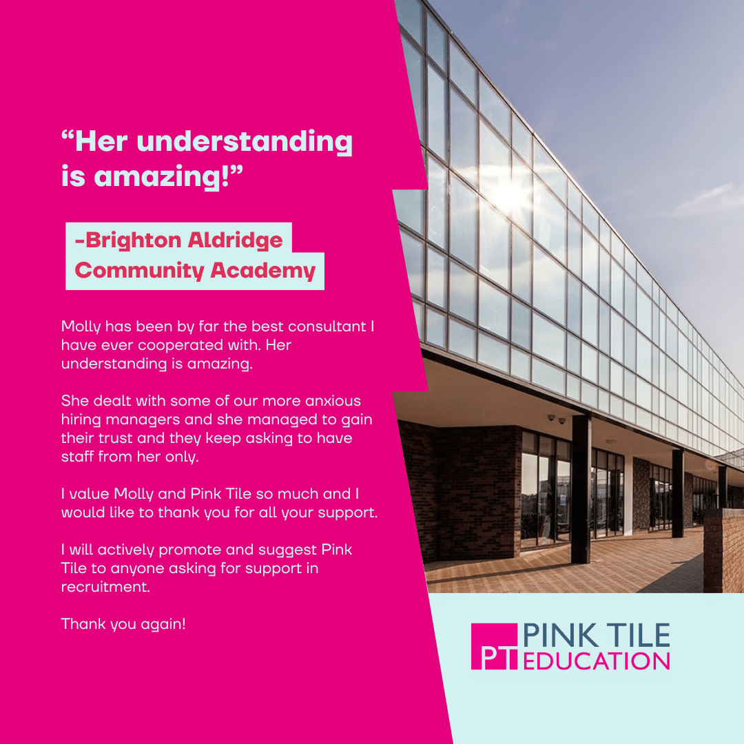 A testimonial praising a consultant, Molly, from Pink Tile Education, appears on a pink background beside a photo of a modern glass building under a blue sky. Pink Tile Education's logo is at the bottom.