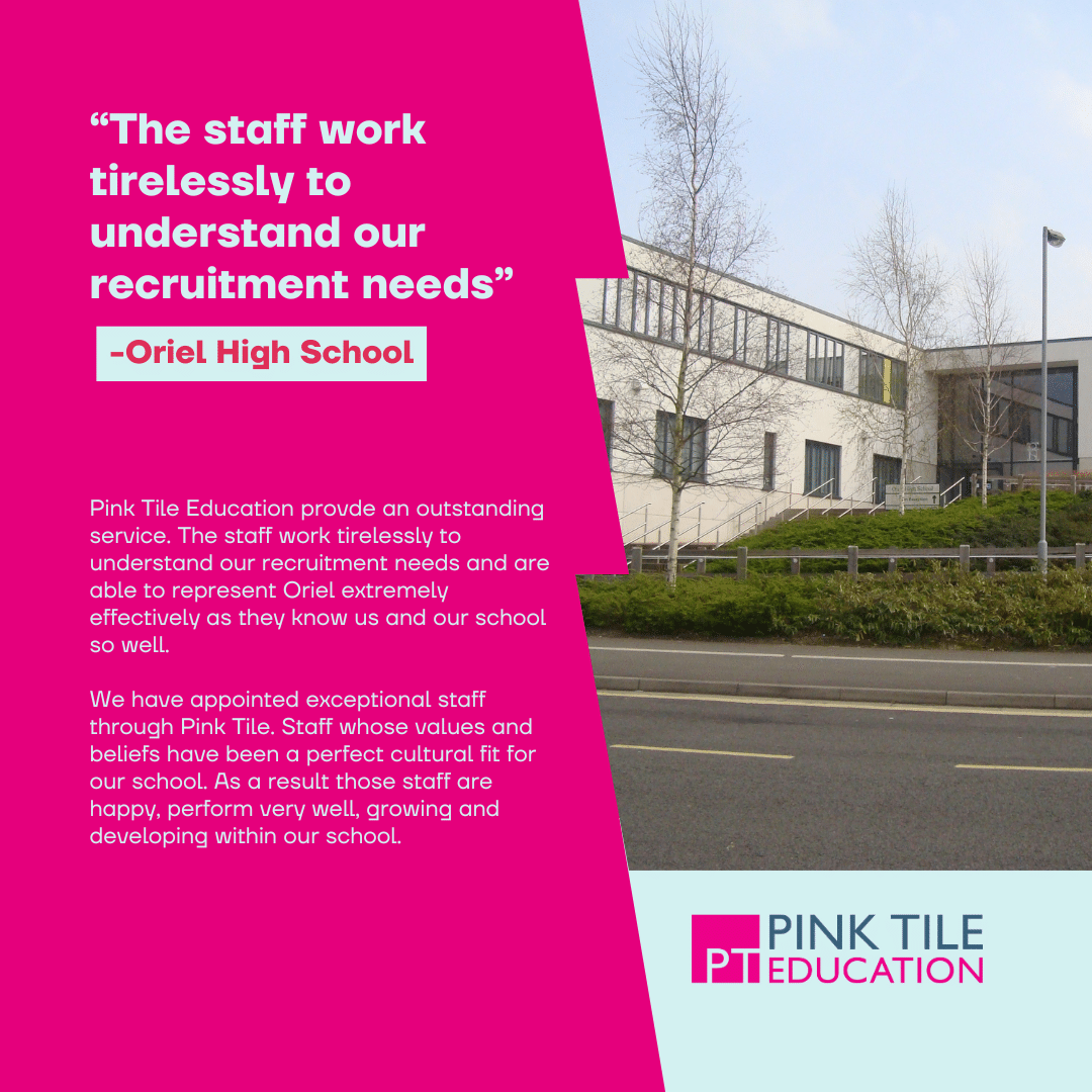 A testimonial for Pink Tile Education features a quote from Oriel High School, with a photo of a modern building and the Pink Tile Education logo in the lower right corner. Pink and white colours dominate the design.