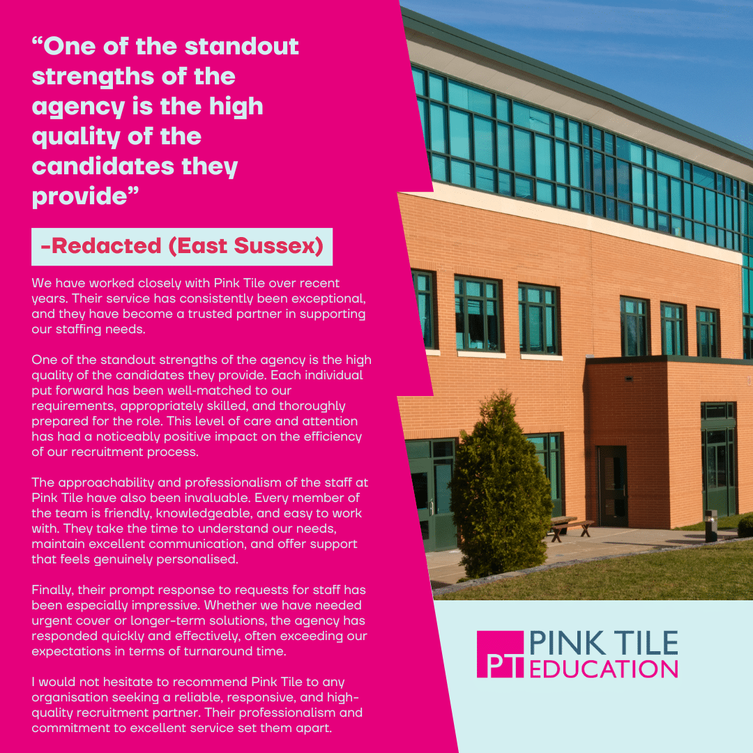 A testimonial graphic for Pink Tile Education with a quote praising the agency, a company logo, and part of a modern brick building with large windows under a blue sky. The testimonial text is highlighted in magenta boxes.
