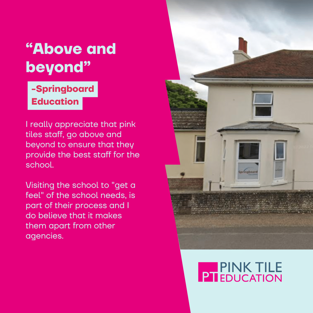 A testimonial praising Pink Tile Education appears beside a photo of a house with a sign reading Springboard. The Pink Tile Education logo is in the lower right corner.