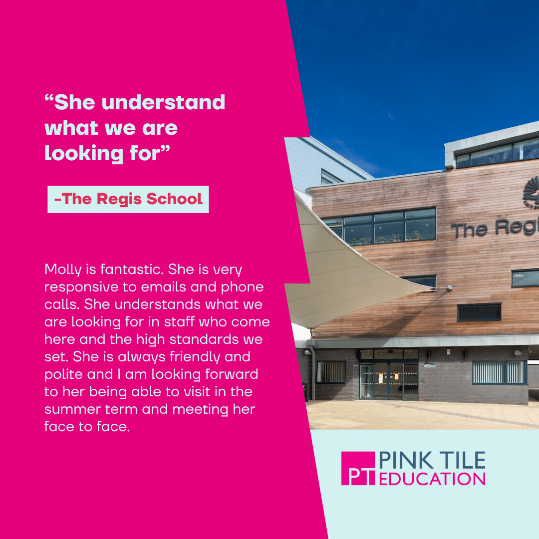 A testimonial praising Molly and Pink Tile Education is displayed beside a modern school building with The Regis School sign, all set on a pink and blue background with company branding.