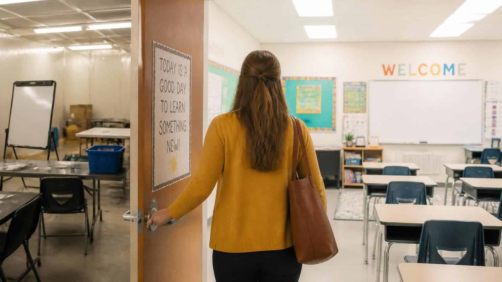 A woman with long hair and a brown bag enters a classroom with empty desks and chairs, ready to create an inspiring environment for both daily supply and long-term placements. A sign on the door reads, Today is a good day to learn something new. A Welcome sign is on the wall.