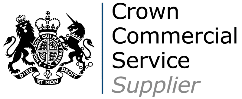 Crown Commercial Service Supplier logo featuring a lion, unicorn, and crown crest with the text “Crown Commercial Service Supplier” on a light background.